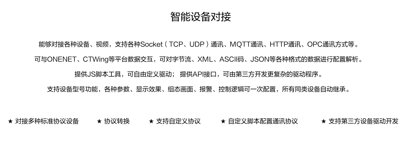 能夠?qū)痈鞣N設(shè)備、視頻,支持各種SocKet(TCP、UDP)通訊、MOTT通訊、HTTP通訊、OPC通訊方式等。 可與ONENET、CTWing等平臺(tái)數(shù)據(jù)交互,可對(duì)字節(jié)流、XML、ASCI碼、JSON等各種格式的數(shù)據(jù)進(jìn)行配置解析。 提供JS腳本工具,可自由定義驅(qū)動(dòng);提供API接口,可由第三方開(kāi)發(fā)更復(fù)雜的驅(qū)動(dòng)程序。 支持設(shè)備型號(hào)功能,各種參數(shù)、顯示效果、組態(tài)畫面、報(bào)警、控制邏輯可一次配置,所有同類設(shè)備自動(dòng)繼承。 能夠?qū)痈鞣N設(shè)備、視頻,支持各種SocKet(TCP、UDP)通訊、MOTT通訊、HTTP通訊、OPC通訊方式等。 可與ONENET、CTWing等平臺(tái)數(shù)據(jù)交互,可對(duì)字節(jié)流、XML、ASCI碼、JSON等各種格式的數(shù)據(jù)進(jìn)行配置解析。 提供JS腳本工具,可自由定義驅(qū)動(dòng);提供API接口,可由第三方開(kāi)發(fā)更復(fù)雜的驅(qū)動(dòng)程序。 支持設(shè)備型號(hào)功能,各種參數(shù)、顯示效果、組態(tài)畫面、報(bào)警、控制邏輯可一次配置,所有同類設(shè)備自動(dòng)繼承。
