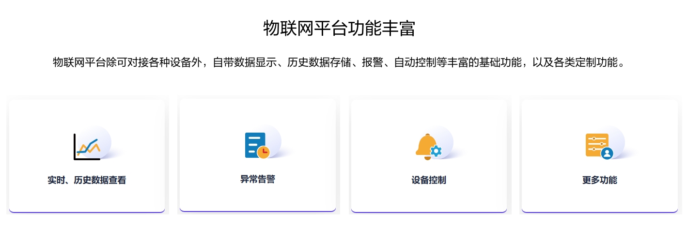 物聯(lián)網(wǎng)平臺(tái)功能豐富,除可對(duì)接各種設(shè)備外,自帶數(shù)據(jù)顯示、歷史數(shù)據(jù)存儲(chǔ)、報(bào)警、自動(dòng)控制等豐富的基礎(chǔ)功能,以及各類定制功能。 物聯(lián)網(wǎng)平臺(tái)功能豐富,除可對(duì)接各種設(shè)備外,自帶數(shù)據(jù)顯示、歷史數(shù)據(jù)存儲(chǔ)、報(bào)警、自動(dòng)控制等豐富的基礎(chǔ)功能,以及各類定制功能。